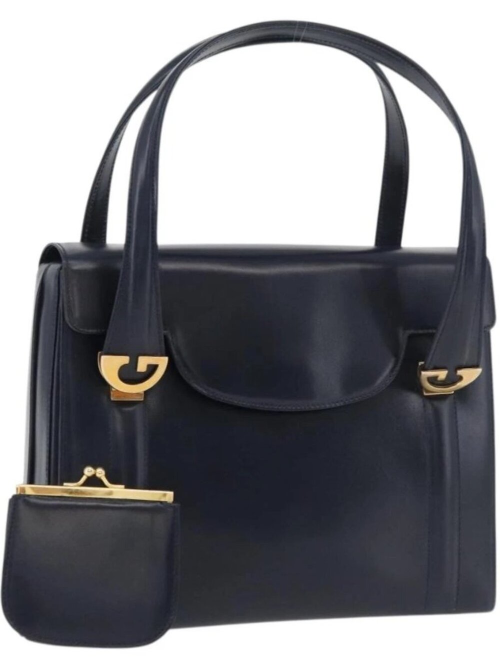GUCCI Hand Bag Leather Navy Gold Auth 176213
